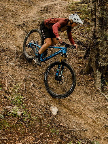Man in black and red riding clothes on a switchblade 2024 model bike, riding down a dirt forrest track alone on a blue and black bike.
