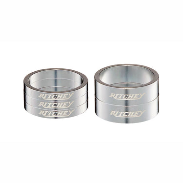 Ritchey Classic Headset Spacers Pack 28.6mm / 2x 10mm and 3x 5mm Spacers, High Polish Silver / with White Logo